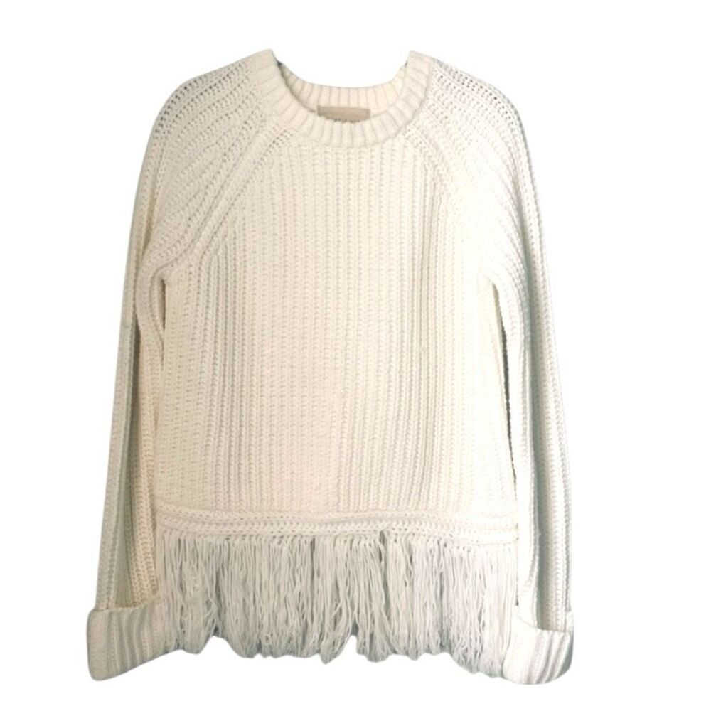 Anthropologie Moon River Fringe hem Crew neck Ribbed Knit Sweater Sz Small Ivory